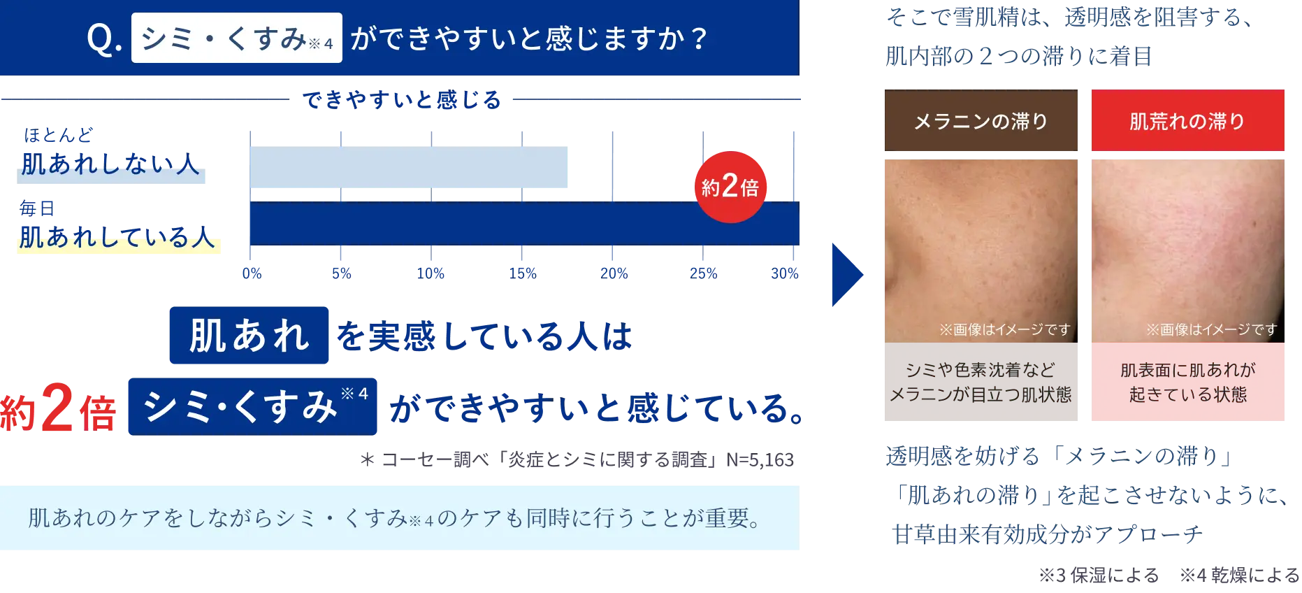 
            肌あれを防ぐと、透明感が変わる
            コーセー調べ＊によると、肌あれしやすいと感じる人の肌はシミやくすみ※4が、
            約2倍できやすいと感じることがわかりました。
            ＊ コーセー調べ「炎症とシミに関する調査」N=5,163
          