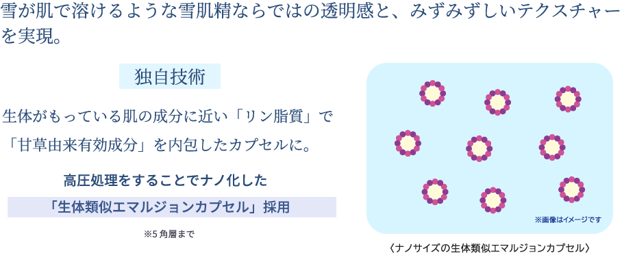 
            雪が肌で溶けるような雪肌精ならではの透明感と、みずみずしいテクスチャーを実現。
            独自技術
            生体がもっている肌の成分に近い「リン脂質」で「甘草由来有効成分」を内包したカプセルに。
            高圧処理をすることでナノ化した
            「生体類似エマルジョンカプセル」採用
            ※5 角層まで
          